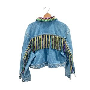 Mardi Gras Festival Women Fringe  DenimJacket XL Embellishment Rhinestone Sequin
